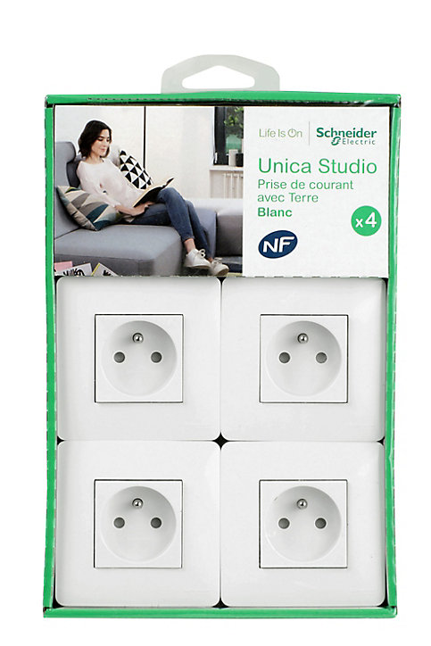 Prise avec terre complète Schneider Electric Unica Déco blanc, lot de 4