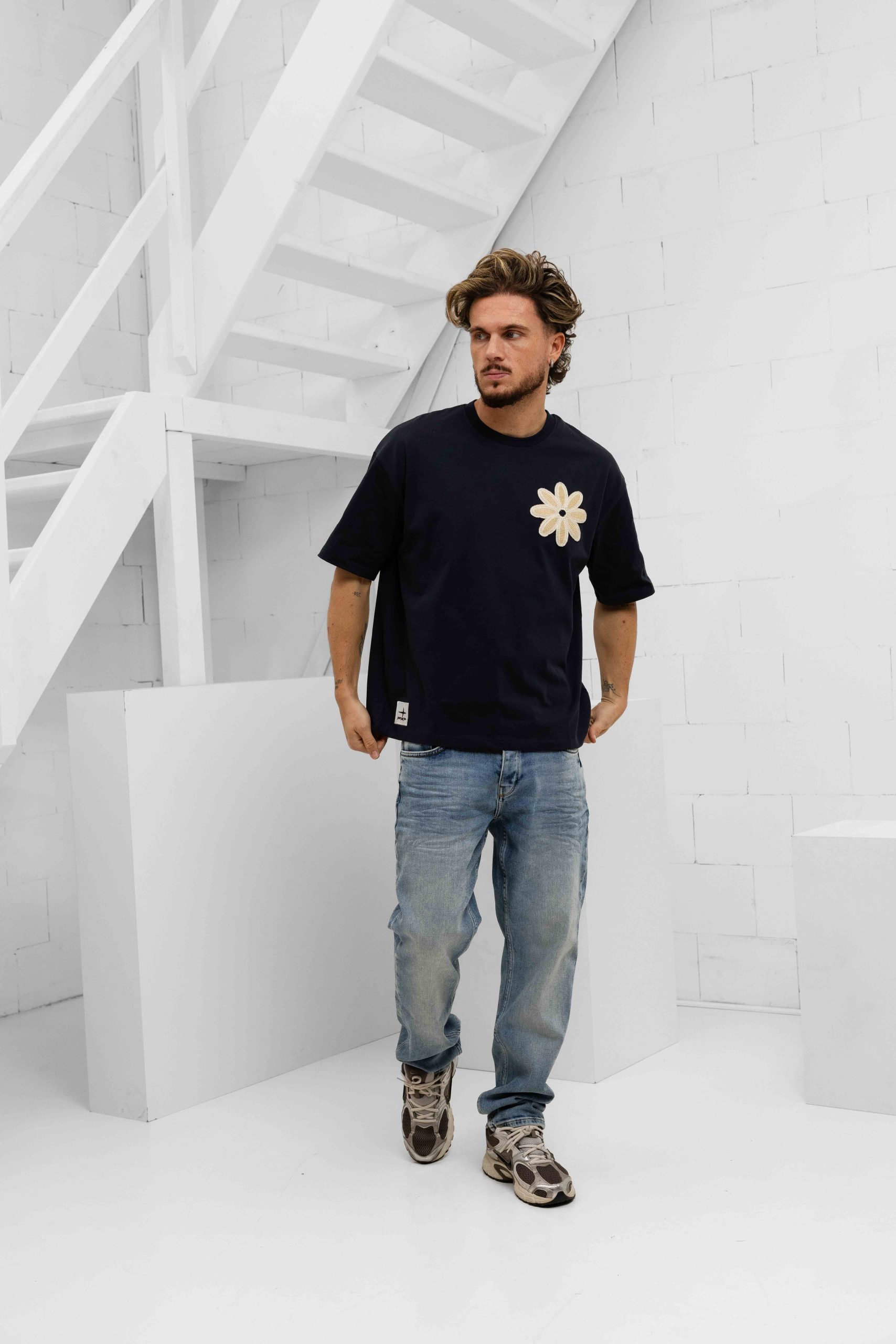 Project X Paris Embroidered Flower T-Shirt Heren Donkerblauw