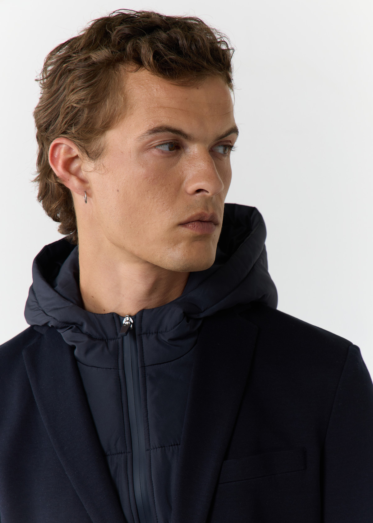Veste coordonnable Regular en coton mélangé uni bleu marine à capuche amovible
