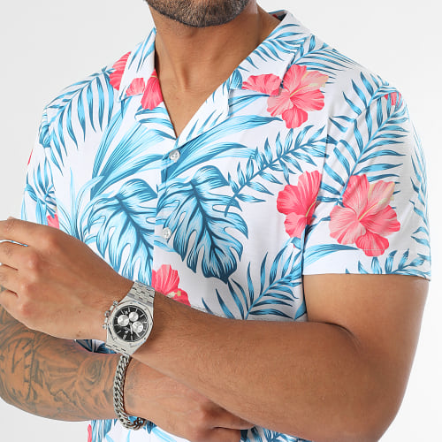 Chemise Manches Courtes Imprimé Tropical 2977 Blanc Bleu