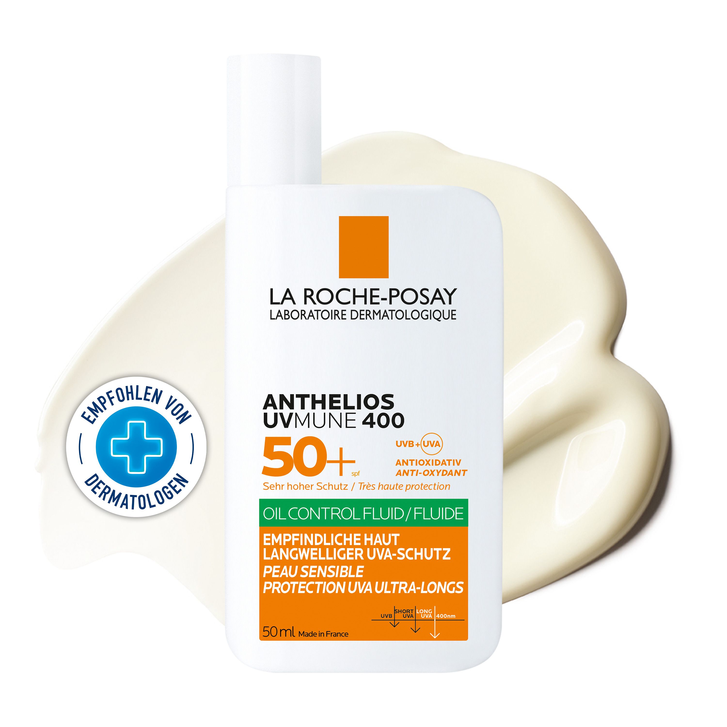 La Roche Posay Anthelios UVMUNE 400 Oil Control Fluid Sonnenschutz für empfindliche Haut mit sehr hohem UV-Schutz LSF 50+. Für ölige Haut geeignet