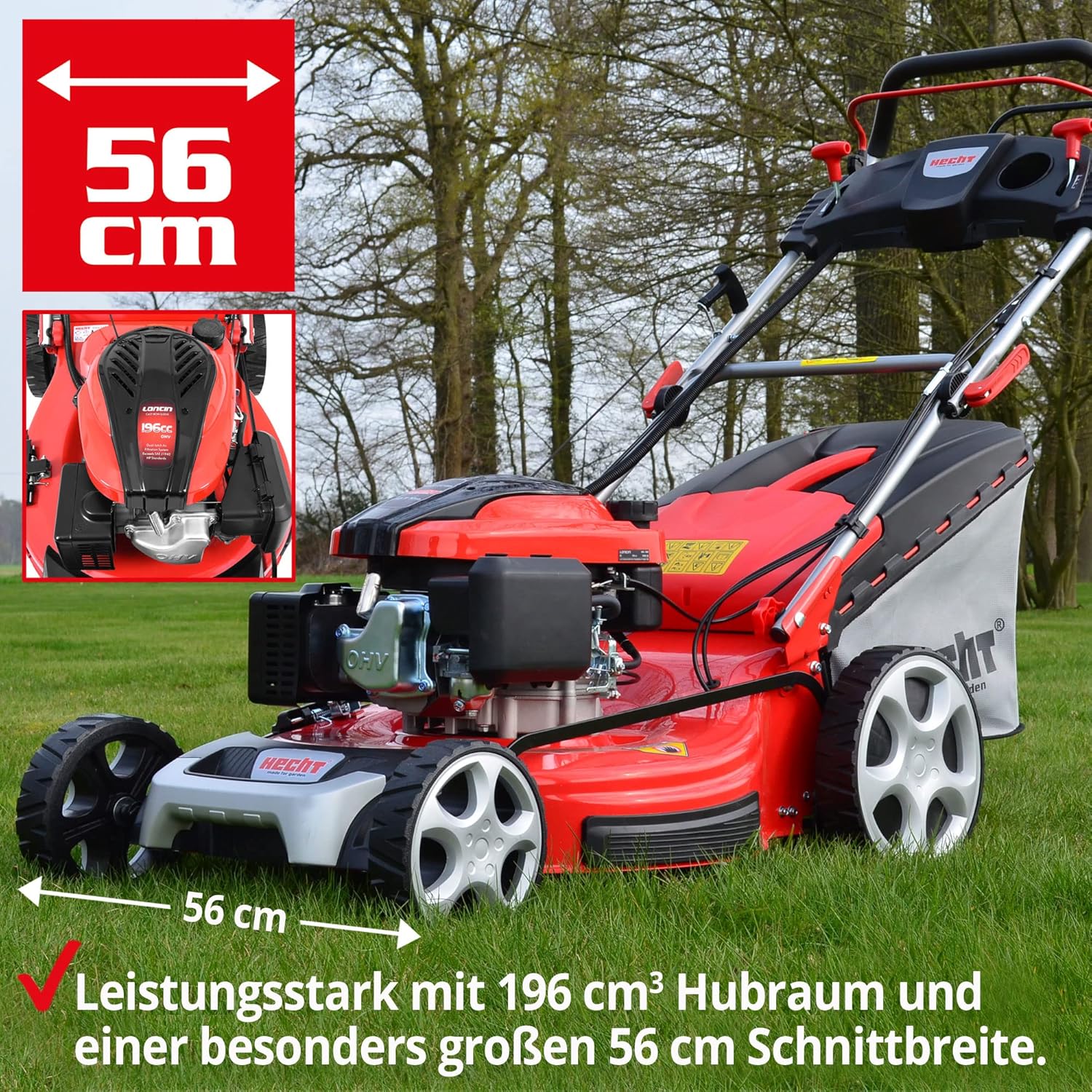 HECHT 5IN1 Rasenmäher Benzin – 4 Takt Motor mit 196 cm³ Hubraum, 56 cm Schnittbreite, 70l Grasfangkorb, 4-Gang Radantrieb, patentierte Räder, Mulchfunktion, Seitenauswurf, inkl. Öl