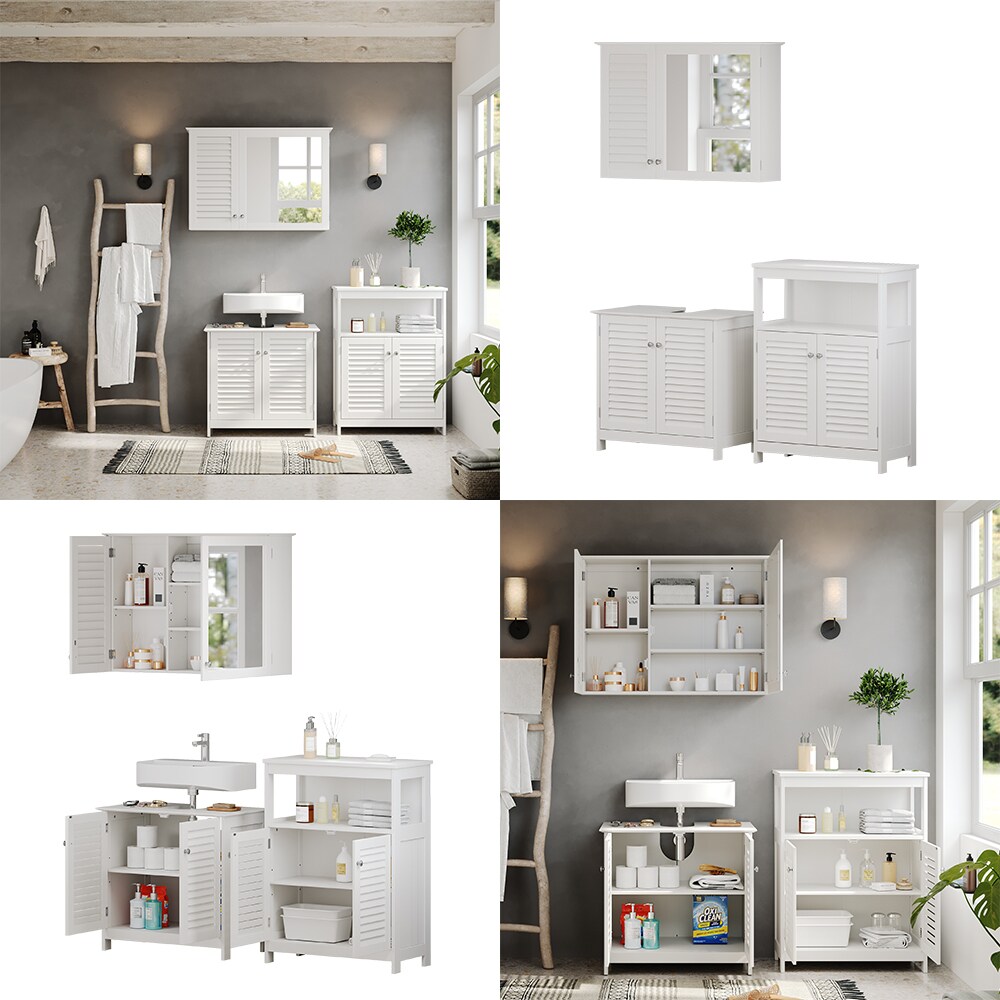 Vicco Badmöbel-Set Riad, Weiß, Badezimmer, moderne Badserie, Lamellen-Front, Waschtischunterschrank, Spiegelschrank, Sideboard