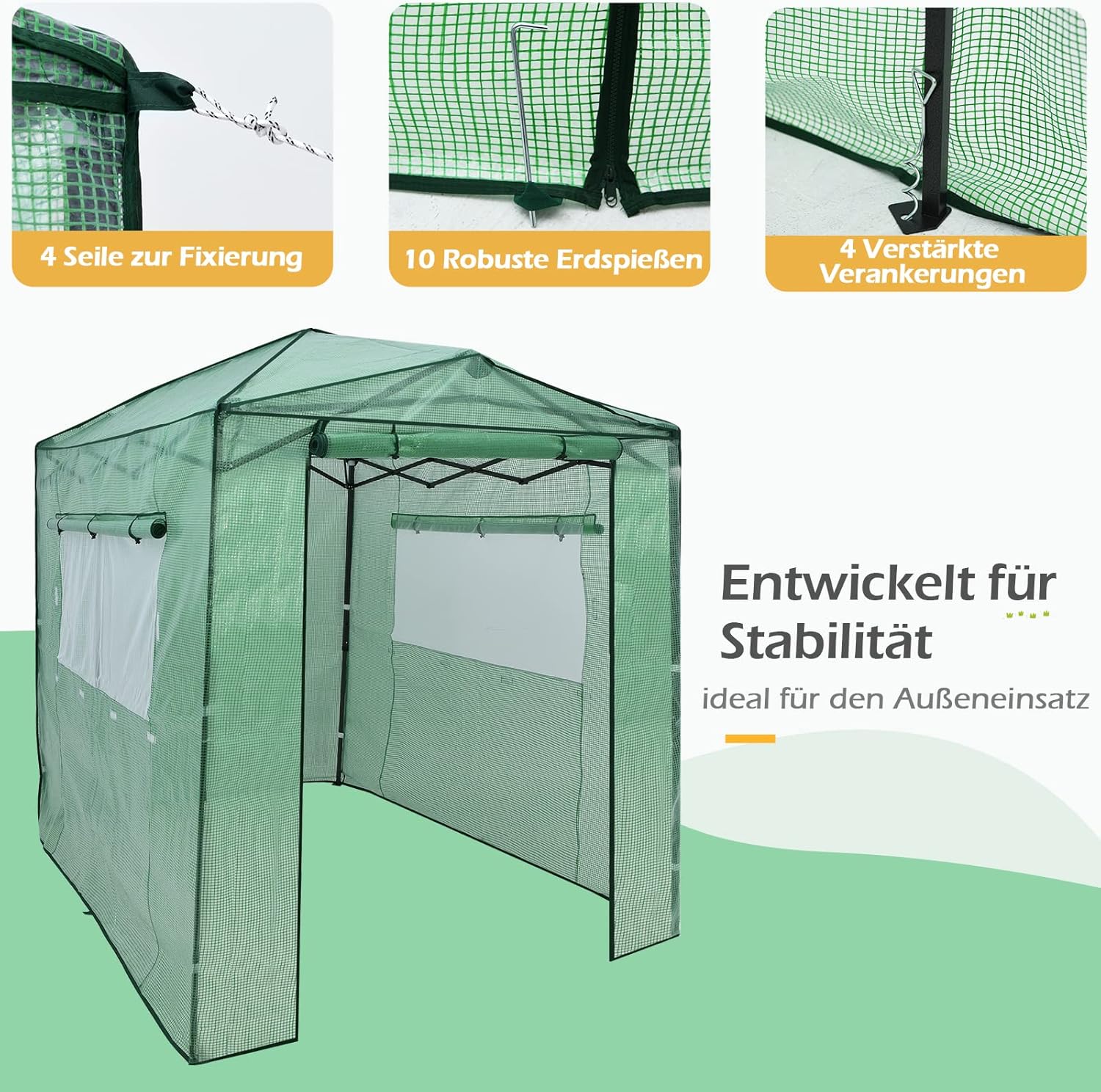 COSTWAY Gewächshaus Foliengewächshaus, 180x250x230cm, Treibhaus mit aufrollbaren Tür & 2 Fenstern, Tomatenhaus mit PE Gitterfolie, Pflanzenhaus Tomaten, Folienhaus Folienzelt, Grün