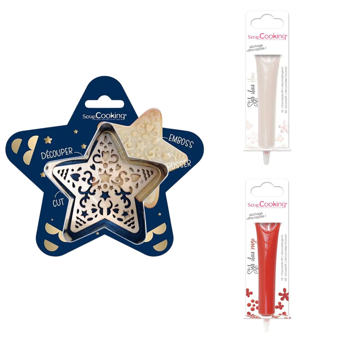 Kit pour biscuit en relief Étoile + 2 Stylos au chocolat blanc et roug