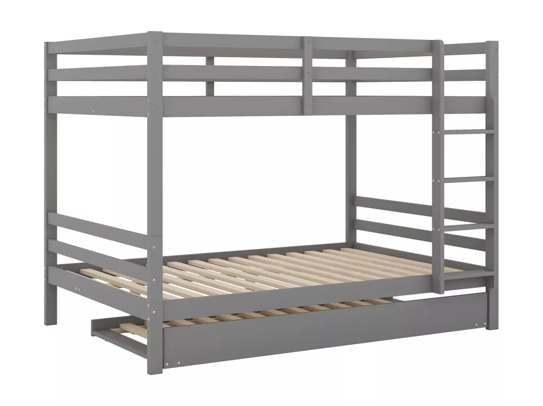 Lits superposés 140 x 200 cm avec lit gigogne 90 x 200 cm - garde-corps et escalier - Bois MDF - gris
