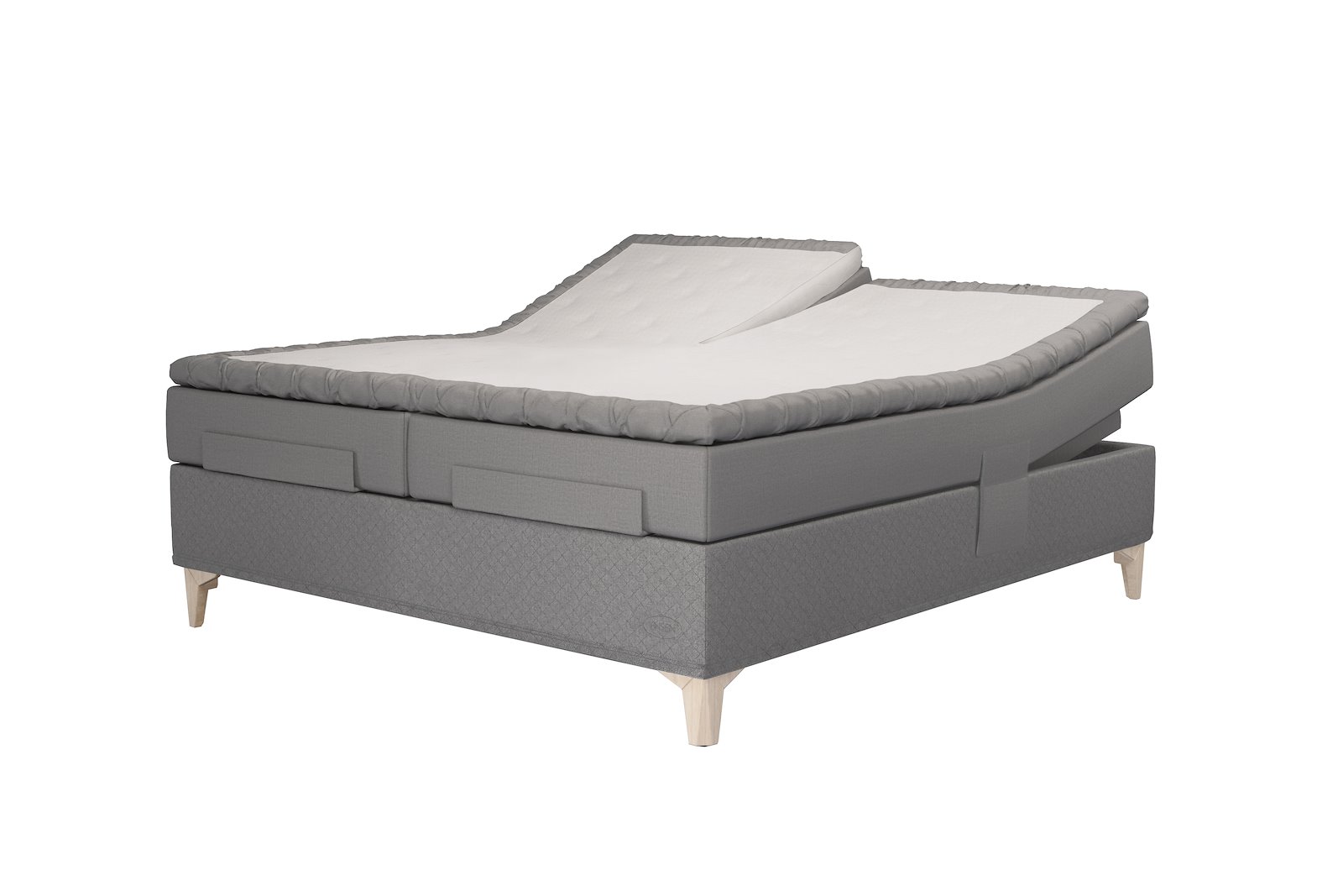 Majestic Aqtive II regulerbar seng 180x200 cm i tekstil 200/204 grå med medium/fast fasthet. Seamless utførelse, Majestic Split topper overmadrass og Eicon ben 14 cm hvitlasert med støtteben. Uten hodegavl