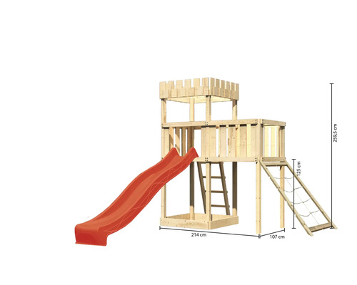 Speeltoren/speelhuis Karibu Löwenherz, 107 x 107 cm, van hout, bestaande uit glijbaan, aanbouw en nethelling (rood).