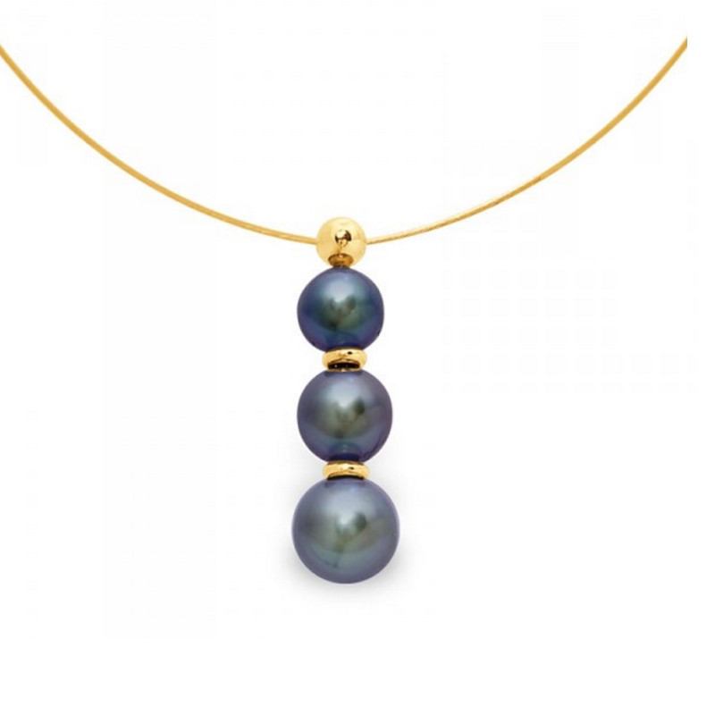 Collier Cable en Or Jaune 750/1000 et 3 Perles d'eau douce Noires