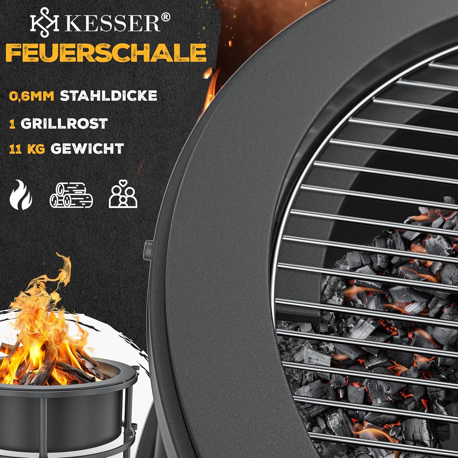 KESSER® Feuerschale mit Grillrost Ø65cm Feuerkorb 0,6mm Kaltveredelter Stahl | Mobile Feuertonne mit Reifen | Holz & Kohle Feuerstelle inkl. 60cm Feuerhaken aus Gusseisen, Ø52cm, Bürste & Cover