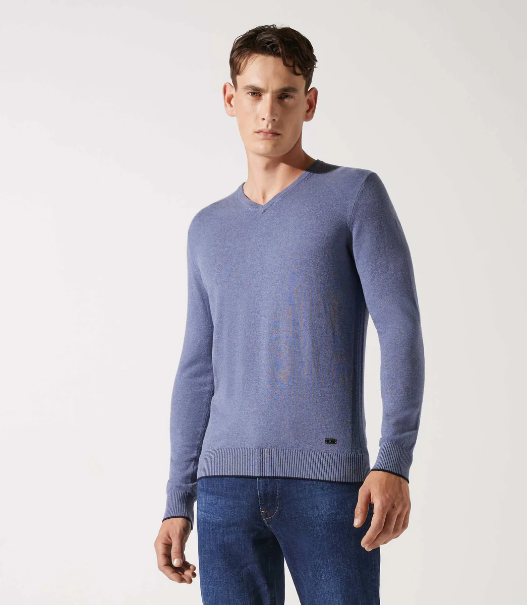 Pull col v rayé indigo