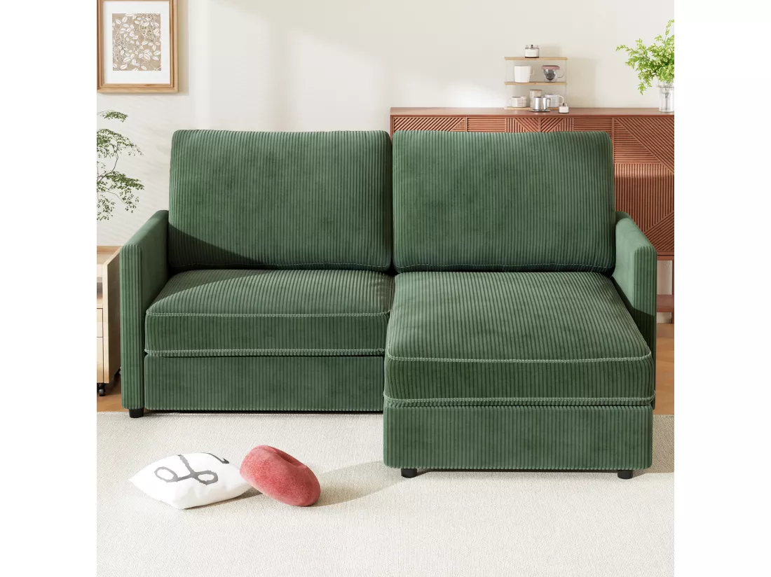 Canapé d'angle 2 places - angle droit / gauche réversible - 180x140x86cm - en Tissu Velours côtelé - Charge max 300kg - Vert