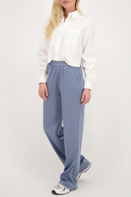 Blauwe satijnen wide leg broek met elastiek