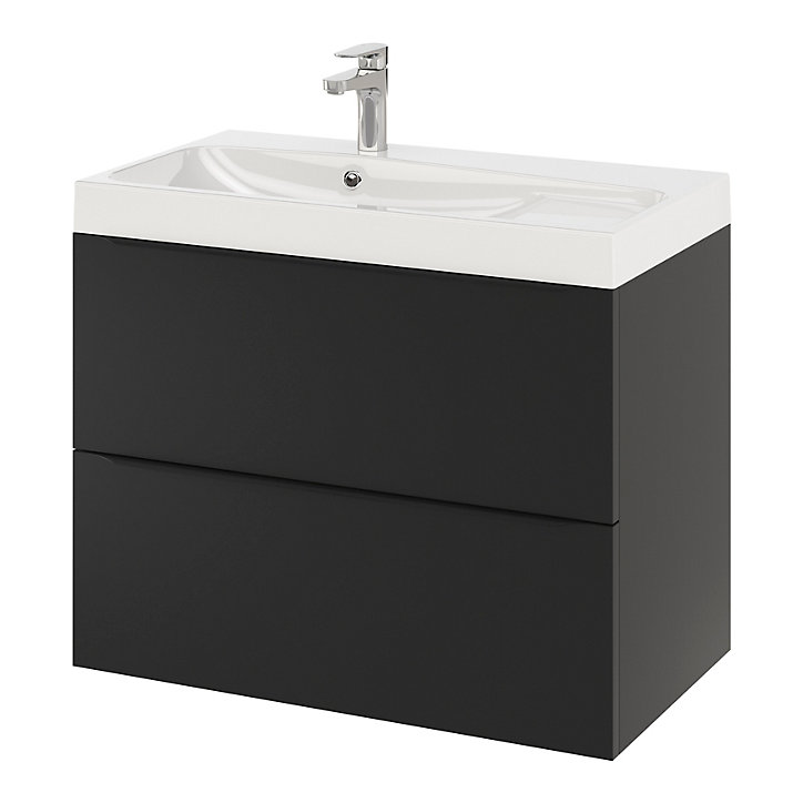 Ensemble salle de bains l.80 cm meuble à suspendre Imandra noir mat + plan vasque résine blanc