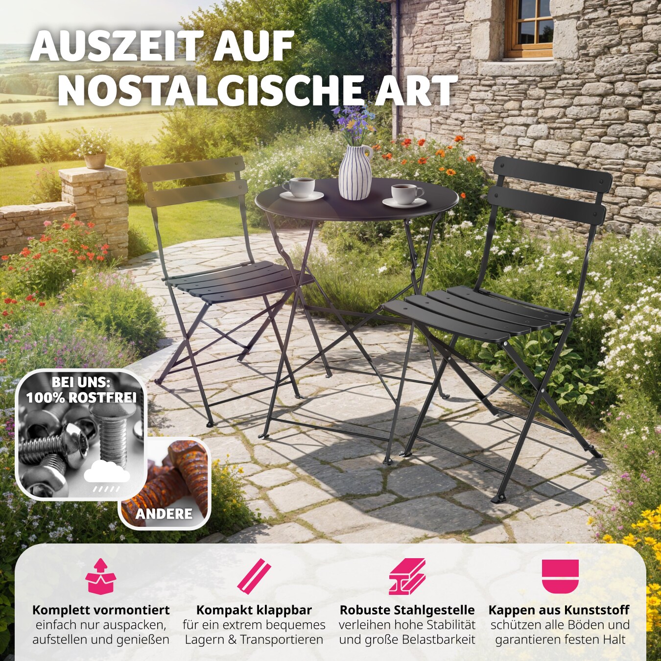 tectake® Bistrotisch Set, für 2 Personen, widerstandsfähig, Belastbarkeit Stuhl 120 kg