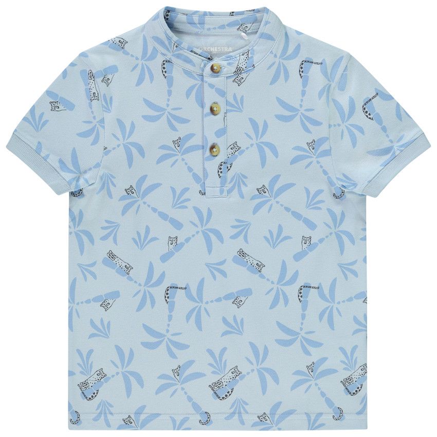 Polo manches courtes col mao imprimé félins pour garçon - Bleu