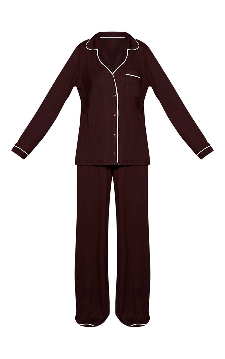 Chocolat Ensemble Pyjama Haut Manches Longues Et Pantalon En Jersey Doux Avec Passepoil