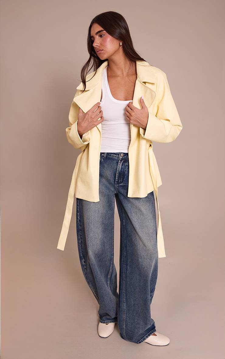 Pale Yellow Veste Ceinturée En Synthétiquecuir Crème Pâtissière