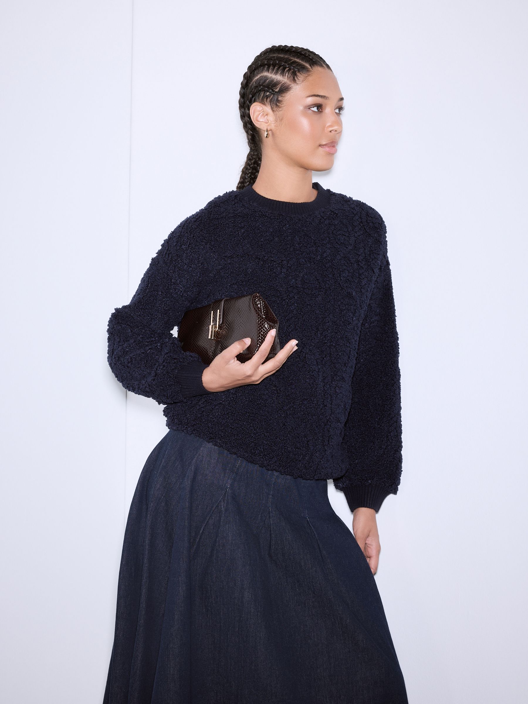 Donkerblauw - Fluffy Soft Borg Cable Long Sleeve Crew Neck Sweatshirt