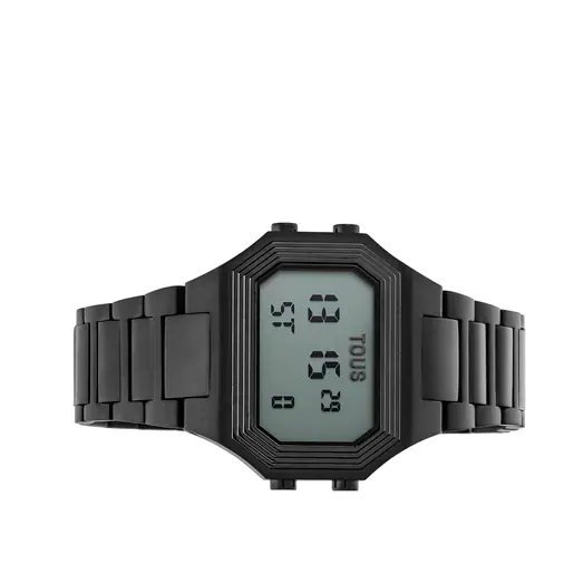 Relógio digital esmeralda com pulseira de aço IP preta.