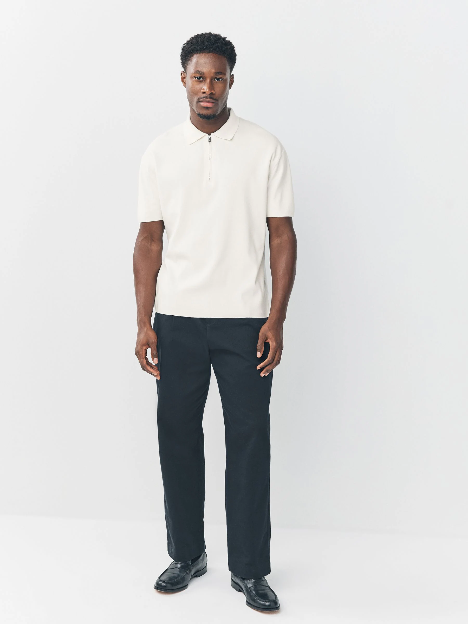 Ecru wit - Relaxed Fit Premium middelzwaar gebreid poloshirt met korte mouwen