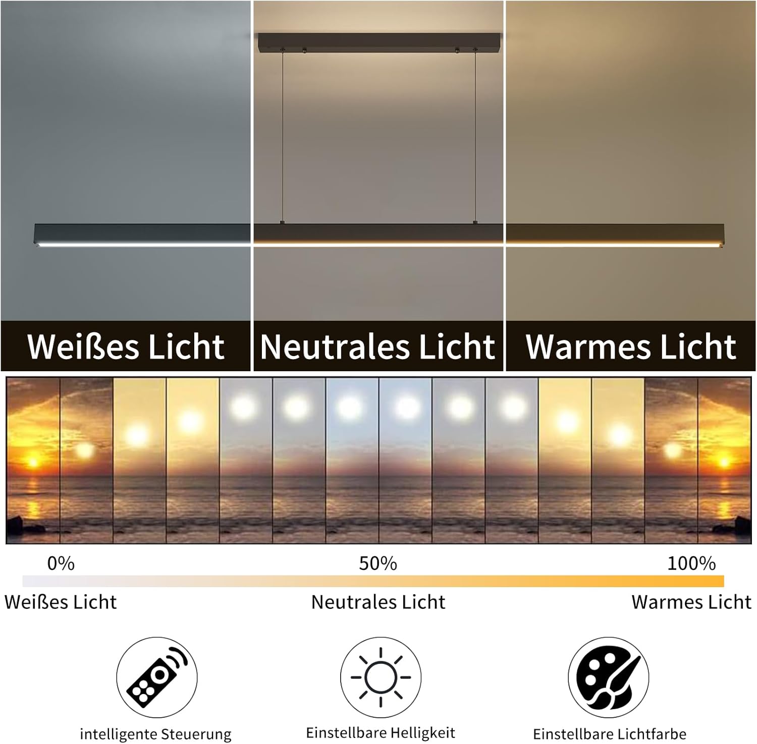 Mikeru 180cm Dimmbare Moderne LED Pendelleuchten, Kücheninsel Leuchten mit 3000K/4500K/6000K 3 Farben Lichter 10% -100% Helligkeit Einstellbar mit Fernbedienung für Esszimmer, Büro