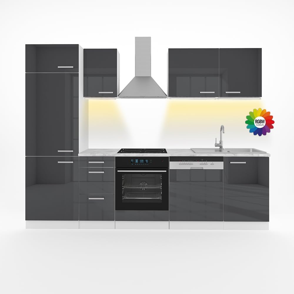 Vicco Küchenzeile Optima, Anthrazit Hochglanz/Weiß, 270 cm ohne Arbeitsplatte mit LED-Leisten