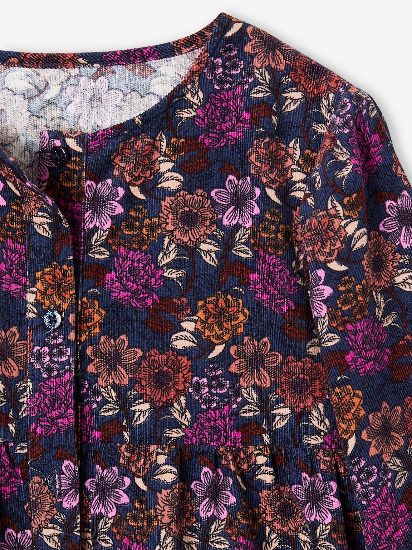 Vestido floral azul escuro de veludo cotelê para meninas