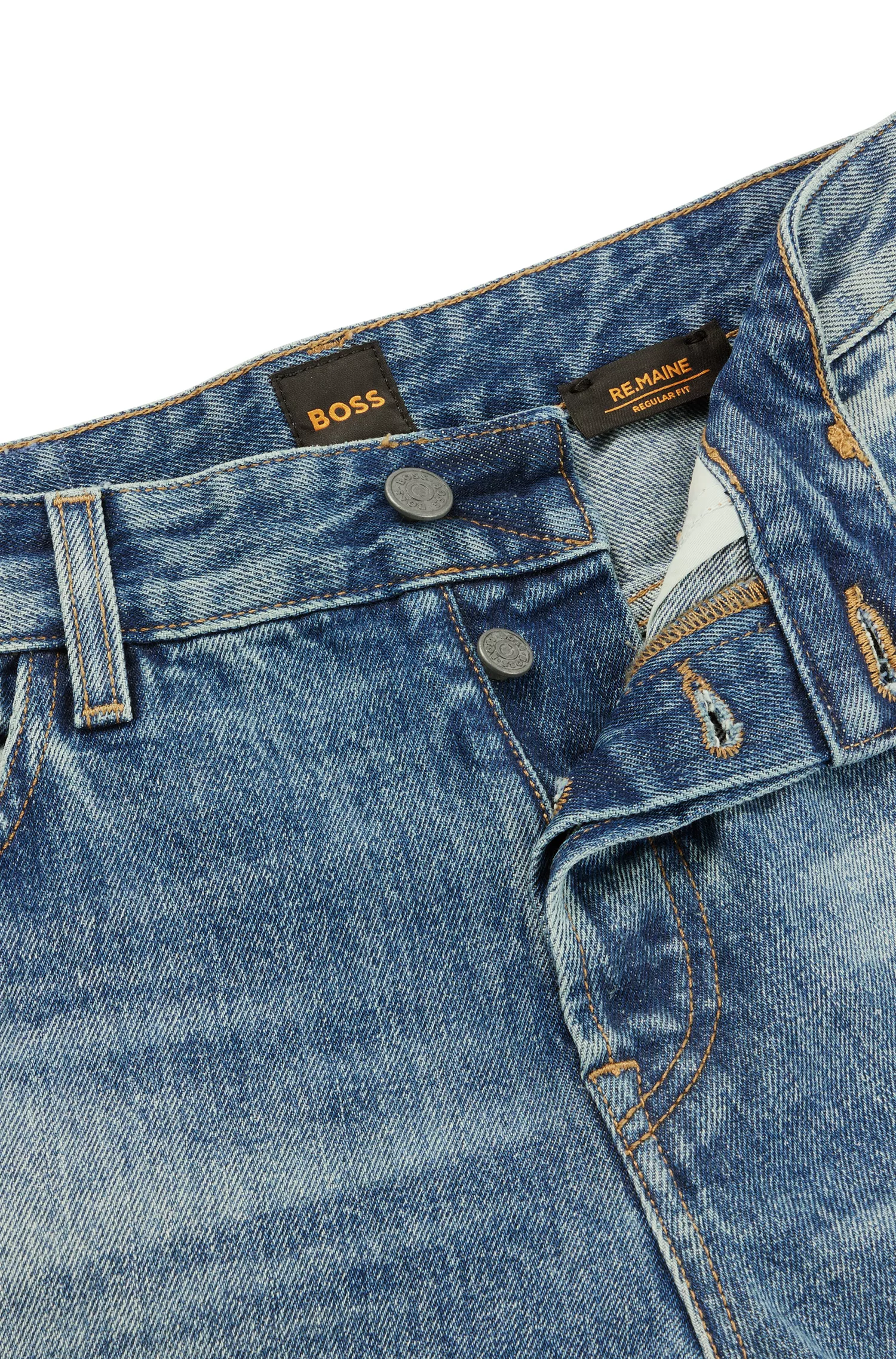Calça jeans BOSS laranja, corte regular, em denim rígido azul.