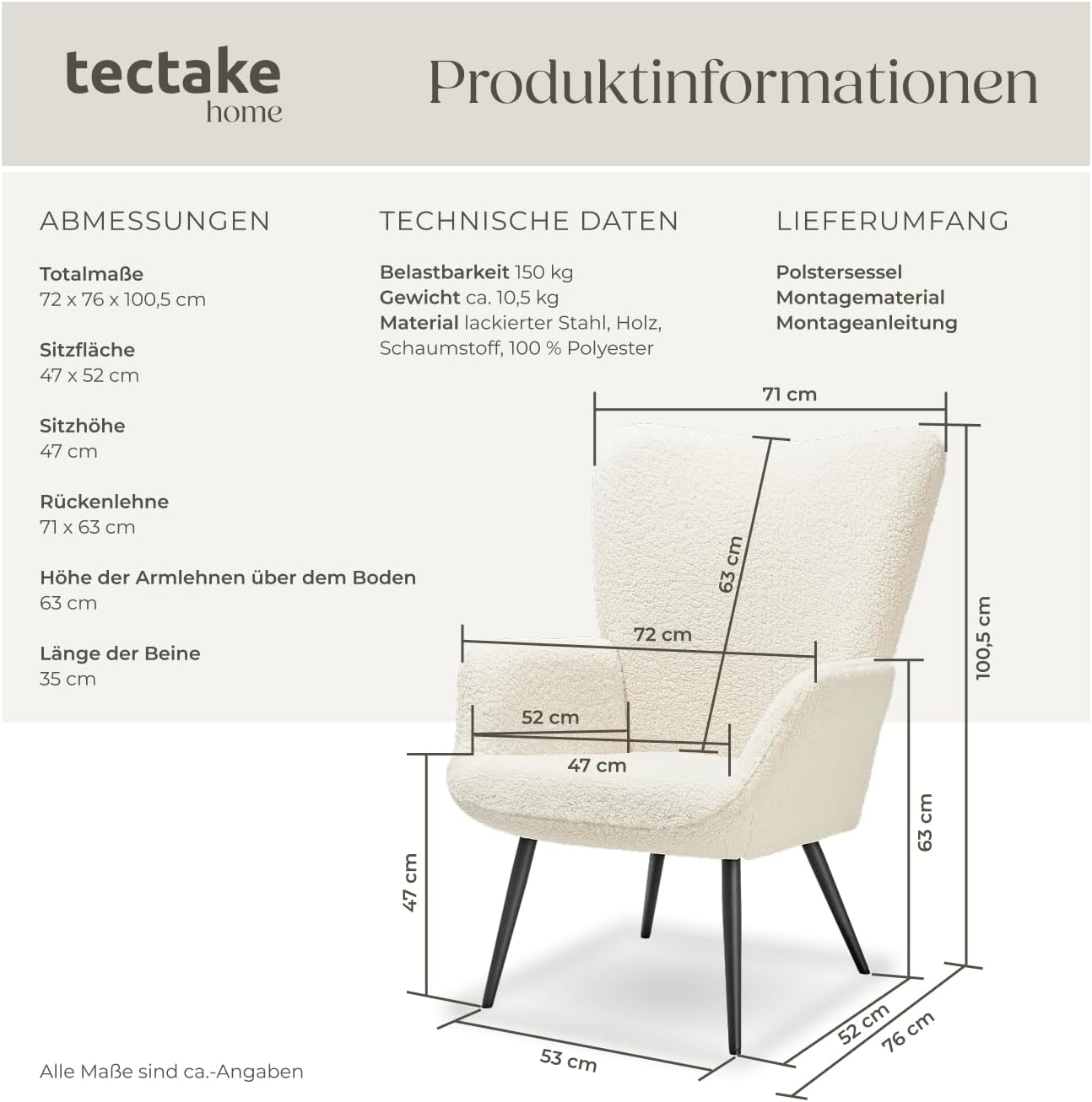 tectake® Skandinavischer Stil Ohrensessel, Teddy Sessel Hygge, Bouclé Sessel Wohnzimmer, Schlafzimmer, Statement Piece Loungesessel, belastbar bis 150 kg