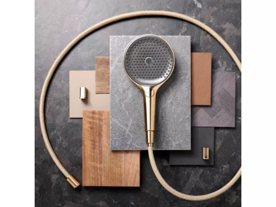Pommeau de douche HANSGROHE Raindance Select S EcoSmart 120 3 jets aspect doré poli + flexible de douche HANSGROHE Designflex 200 cm aspect doré poli