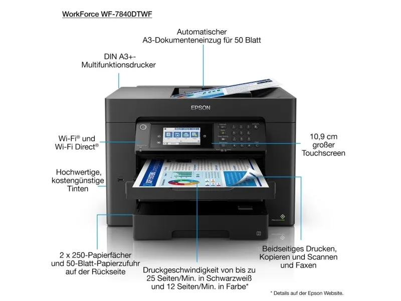 Epson WorkForce WF-7840DTWF - Multifunktionsprinter - farve - blækprinter - A3 (297 x 420 mm) (original) - A3 (medie) - op til 25 spm (udskriver) - 550 ark - 33.6 Kbps - USB 2.0, LAN, Wi-Fi(n), USB vært