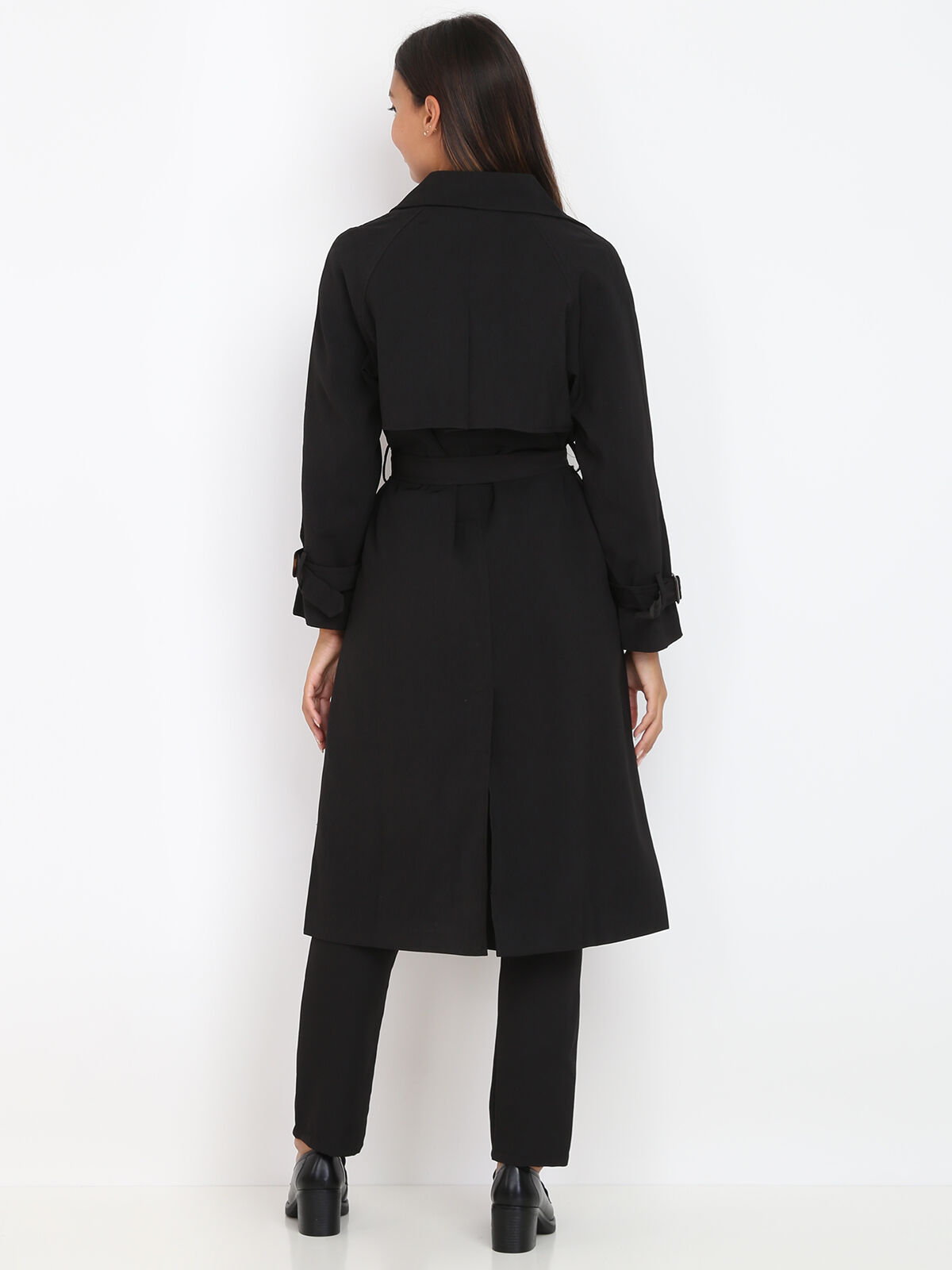 Trench mi-long droit ceinturé- Noir