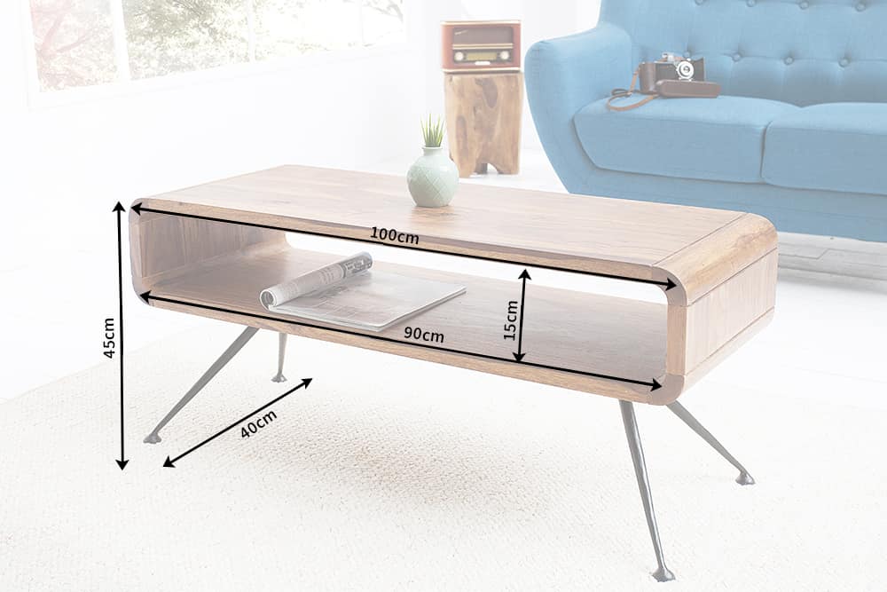Retro Couchtisch ALPHA 100cm braun Sheesham Massivholz stone finish schwarze Metallbeine