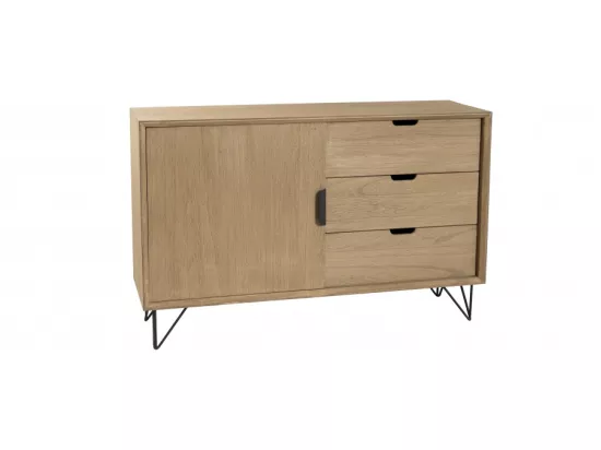 EDITH - Buffet bois naturel 1 porte 3 tiroirs pieds épingles métal noir