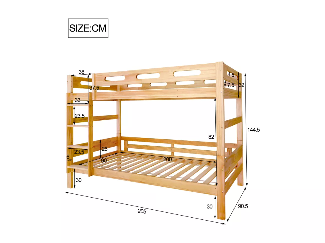 Lit superposé 90x200cm, 2 couchages, divisé en 2 lits simples, cadre stable en pin, sommier à lattes inclus, montage facile, naturel