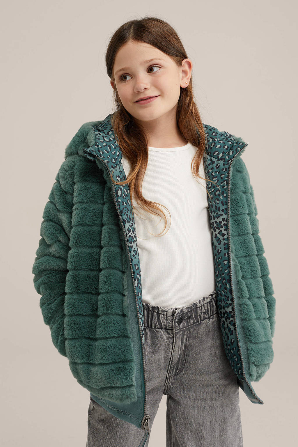 WE Fashion imitatiebont jas met panterprint blauwgroen