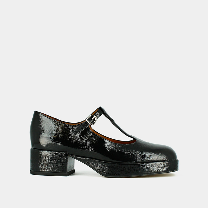 Salomés à petits talons et semelles épai...  en vernis plissé noir