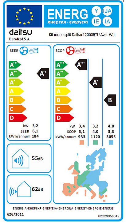 Pompe à chaleur air/air monosplit Wifi Daitsu 3200W - Unité intérieure + extérieure à faire poser