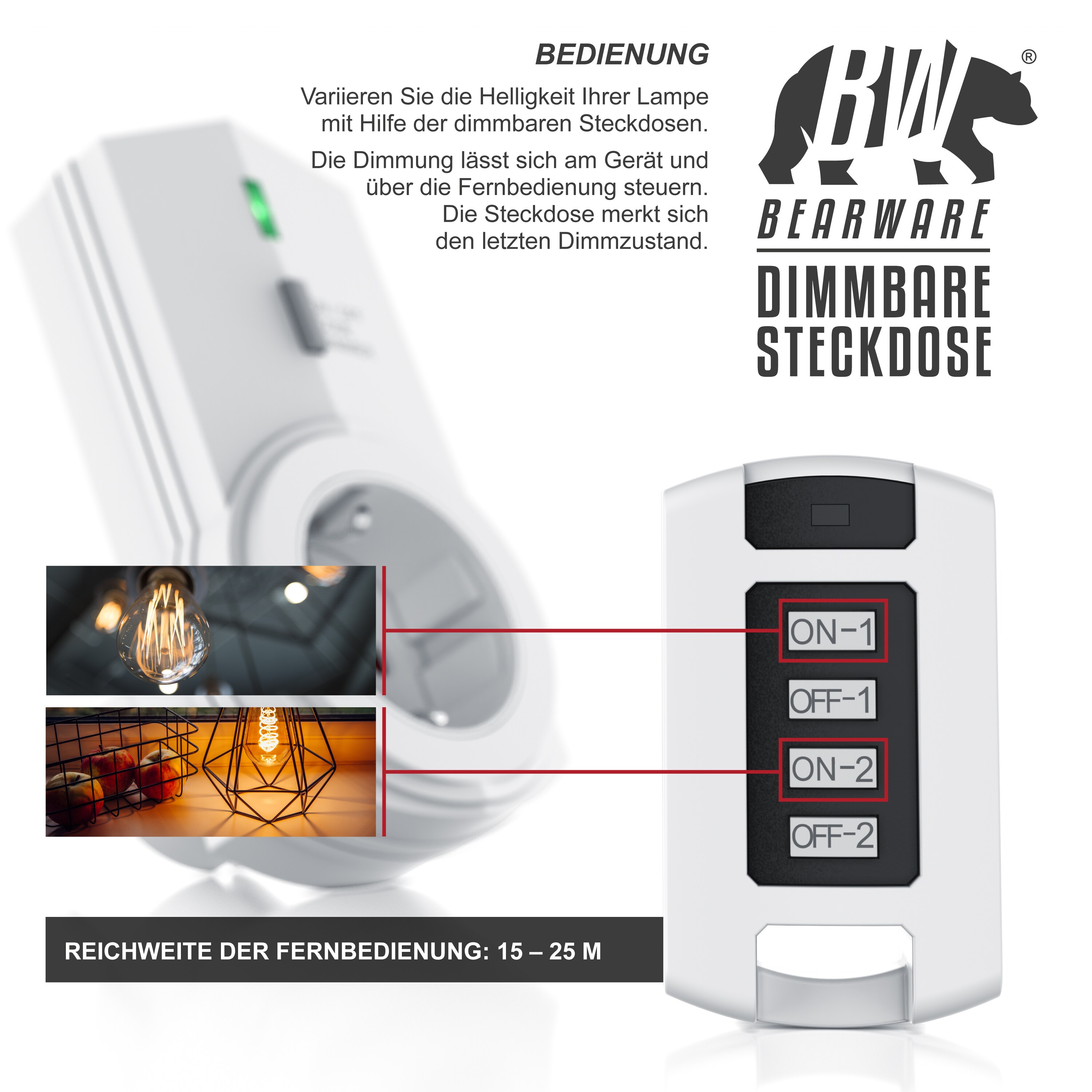 BEARWARE Dimmbare Funksteckdosen - Set mit Fernbedienung - 2er Set für den Innenbereich Indoor + 1 Fernbedienung - LED Statusanzeige