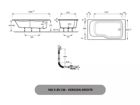 Pack baignoire bain douche 160 x 85 JACOB DELAFON Malice version droite + tablier en niche + pare bain + étagère pour pare bain