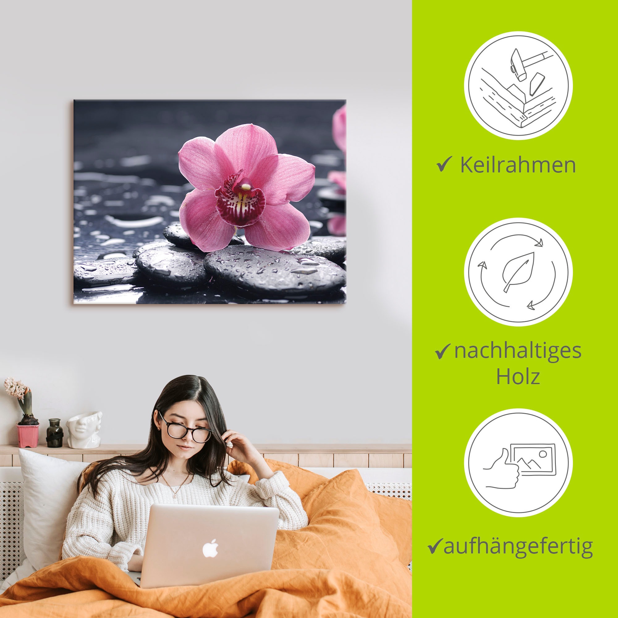 Artland Leinwandbild »Stillleben mit Kiesel und einer Orchidee« Blumen 1 Stk. tlg. als Alubild, Outdoorbild, Leinwandbild, Poster, Wandaufkleber