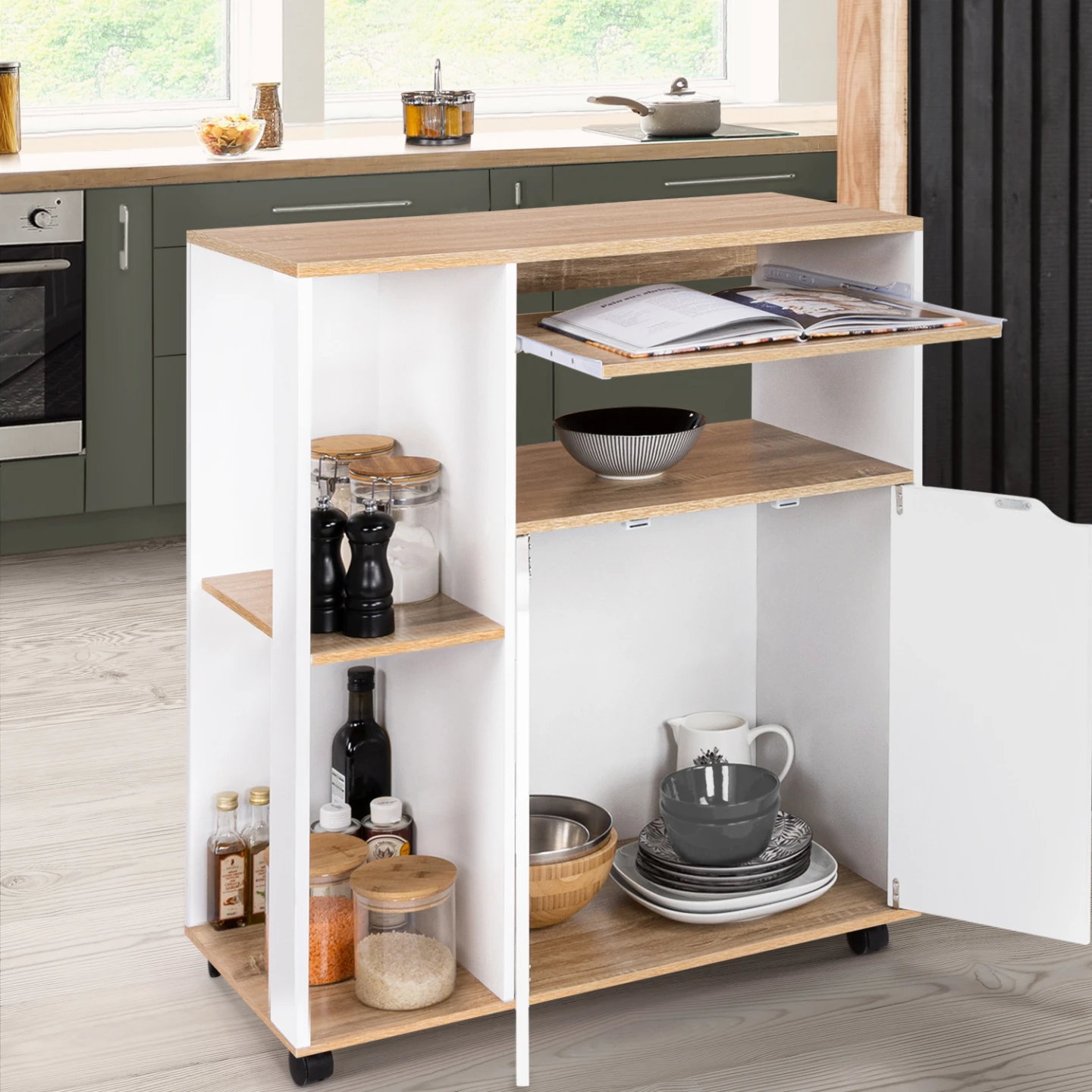 Desserte de cuisine COSI bois blanc et plateaux façon hêtre L.76 CM