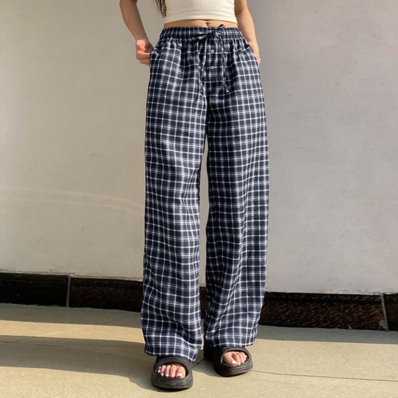 BrickBlack - Lage taille, geruite broek met trekkoord en losse pasvorm