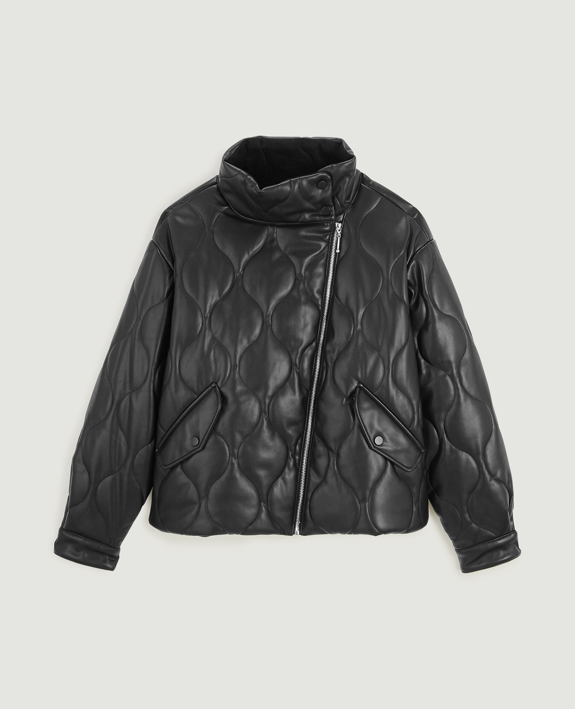 Blouson matelassé en simili cuir - Noir