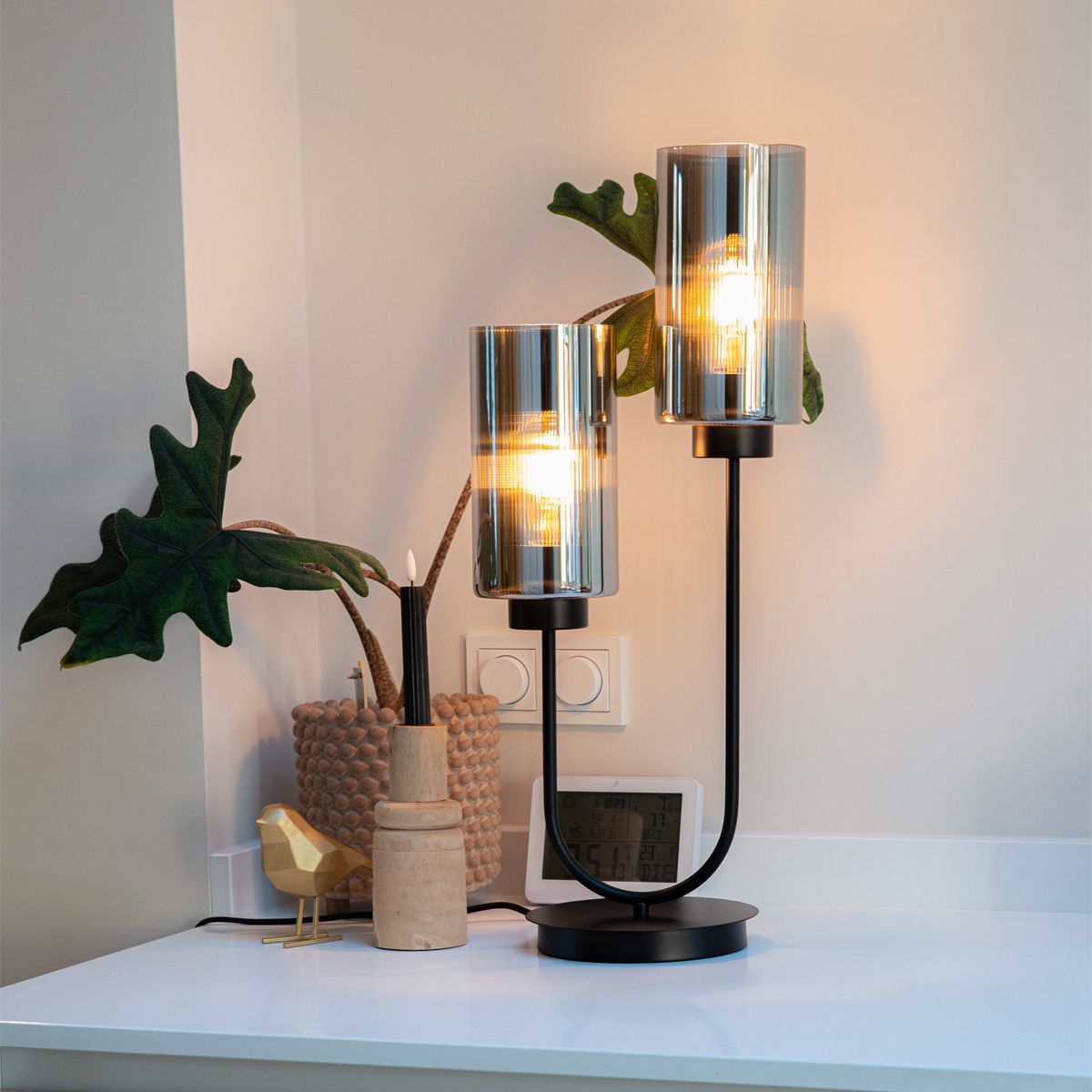 Smart tafellamp zwart met smoke glas 2-lichts incl. 2 Wifi ST64 - Laura