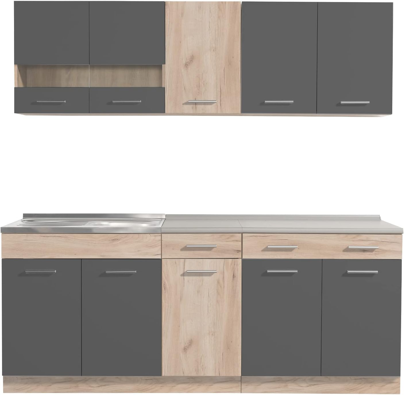 Homestyle4u 2357, Küche Küchenzeile Küchenblock Eiche Holz Grau Einbauküche Single Küchen Schränke 200 cm