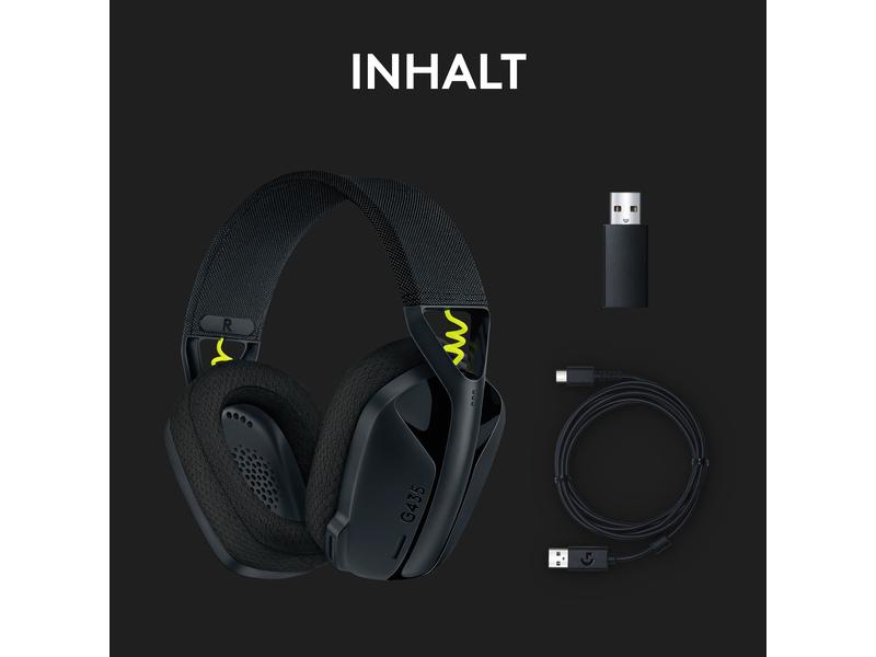 Logitech Headset G435 Gaming Lightspeed Schwarz Kabelloses Gaming-Headset mit integrierten Beamforming-Mikrofonen und bis zu 18 Stunden Akkulaufzeit