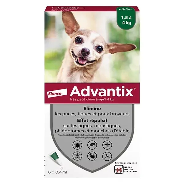 Solução Advantix para tratamento de pulgas e carrapatos em cães de raças muito pequenas (1,5-4 kg) - 6 pipetas
