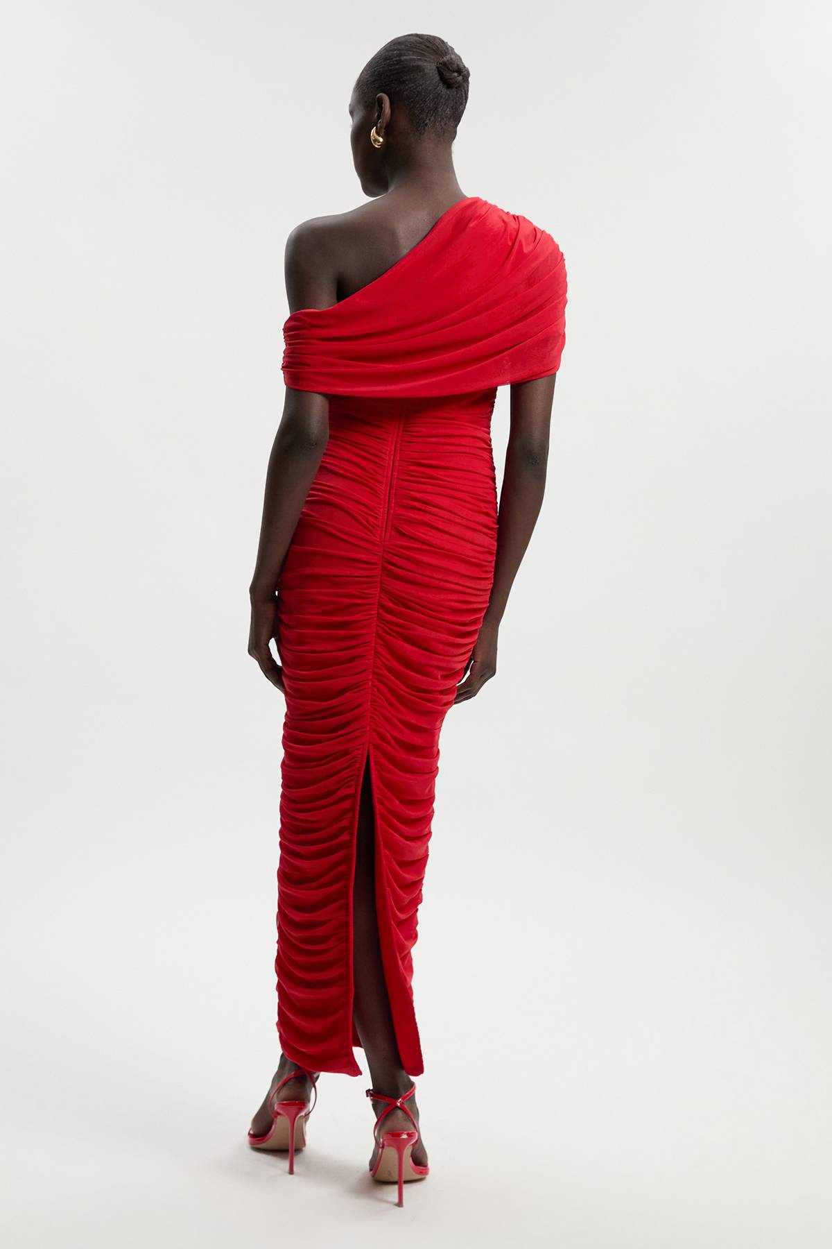 KarenMillen Robe Longue Tricotée à Col Asymétrique avec Détails Mesh et Bandage